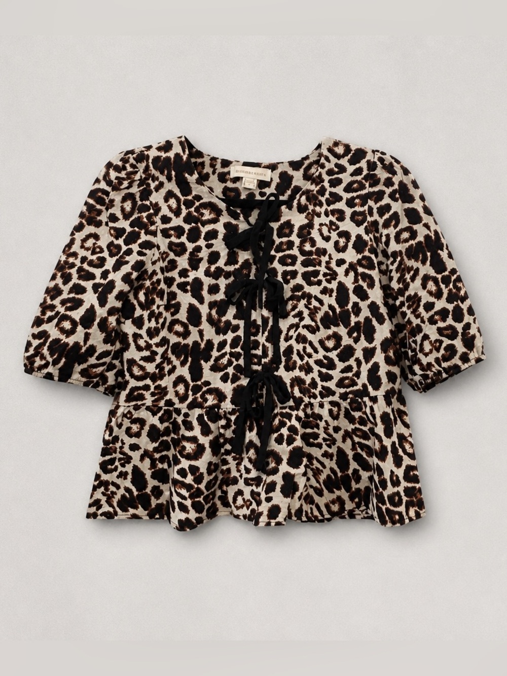 Monteau Leopard-Print Tie-Front Peplum Top - Black & Brown on Cream